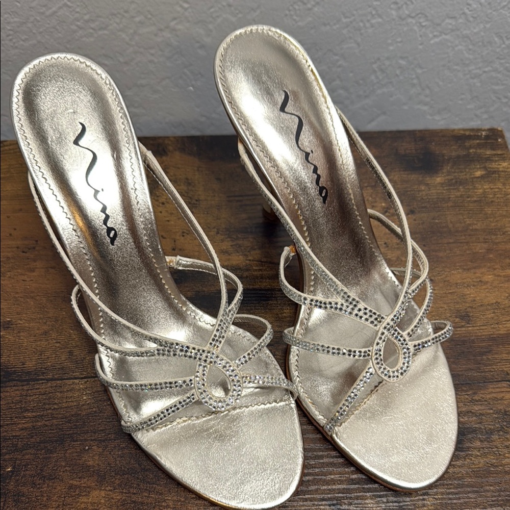 Nina Gold Heeled Sandals with Rhinestone Embellishments